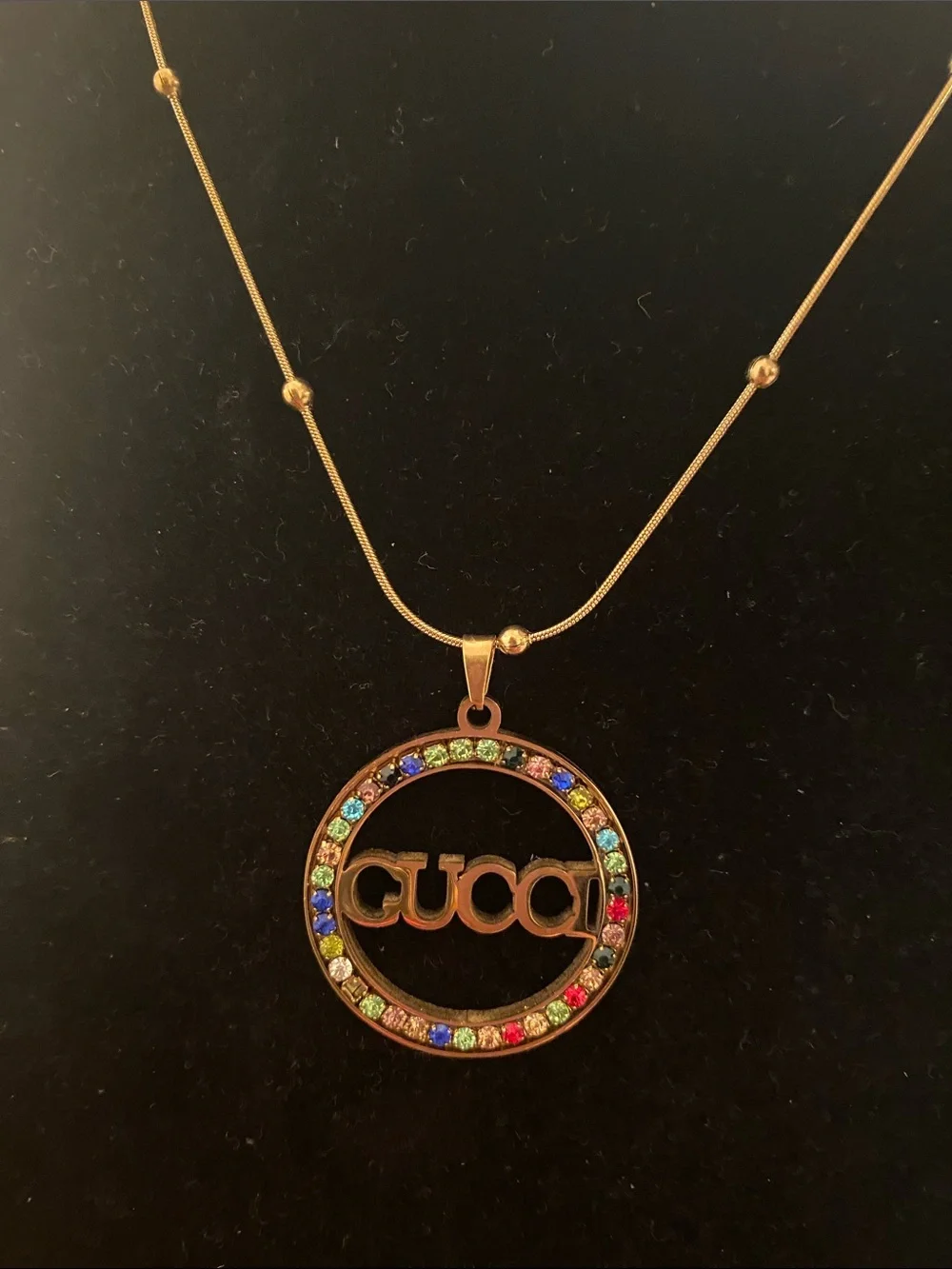 Fashion Jewelry Gold-Tone Necklace with Multicolored Gem GG Circle Pendant